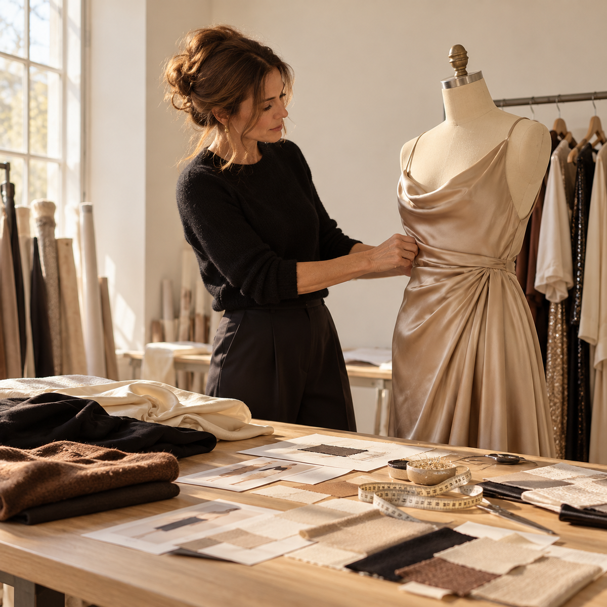 Styling a satin dress on a mannequin in the Rowan & Rae workroom