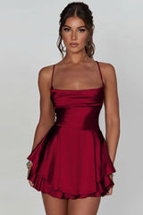 Roosa | Satin Square-Neck Ruffle Mini Cocktail Dress