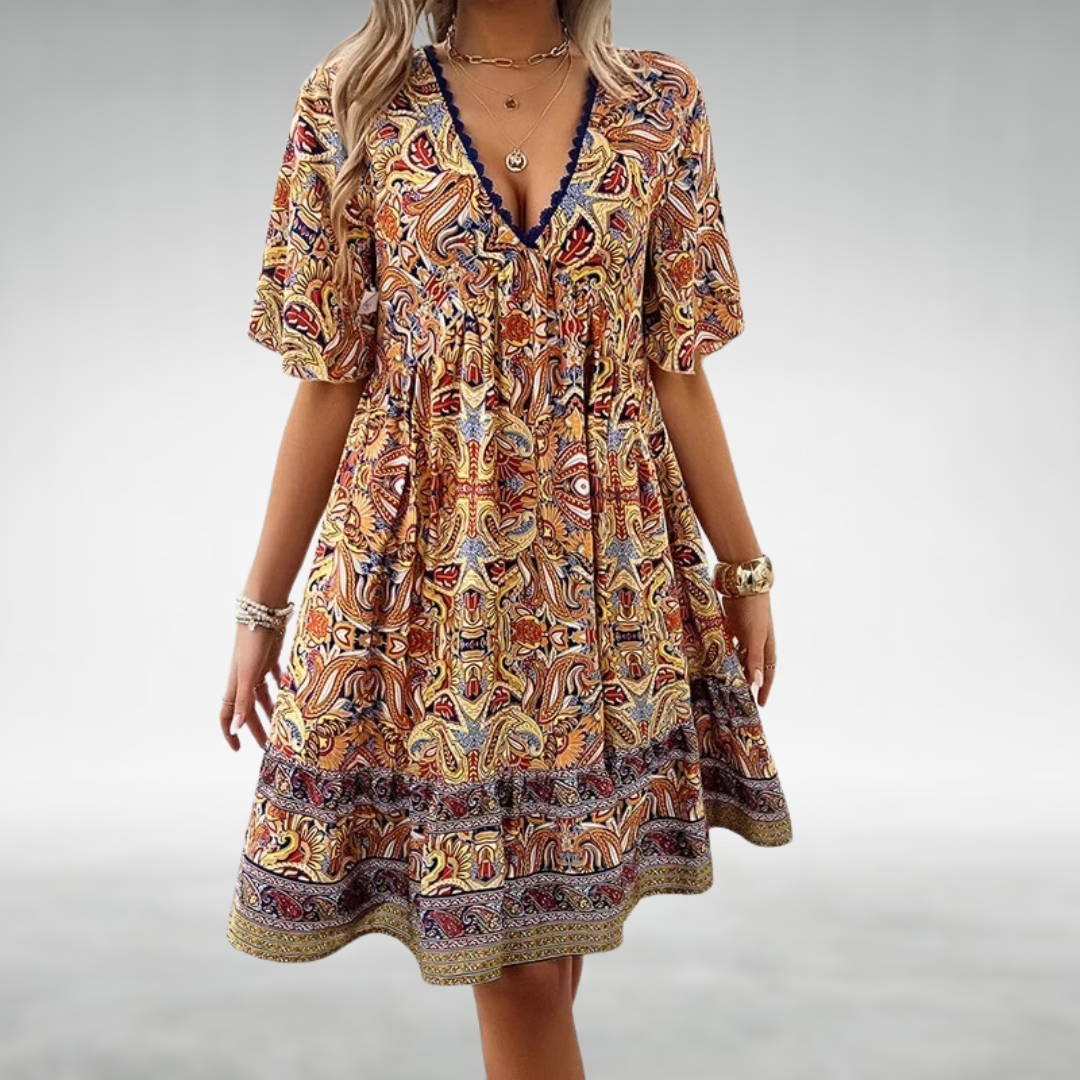 Mabel | Boho Printed V Neck Mini Dress