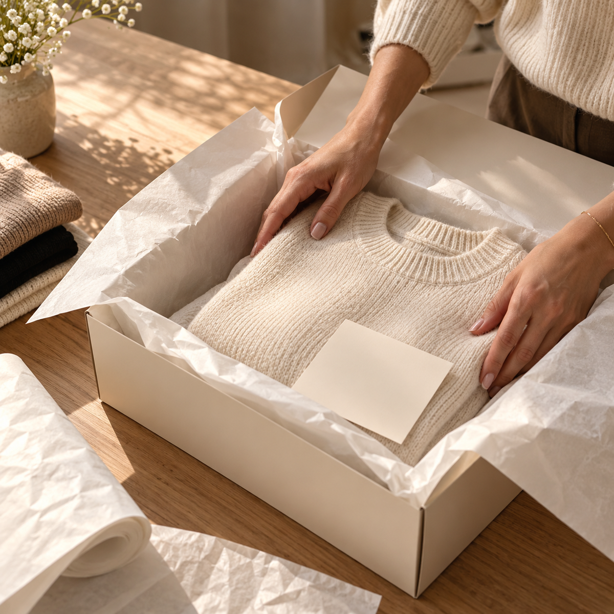 Packing a knit sweater in tissue paper for an order