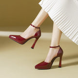 Barbara ankle strap block heel pumps in red, front view