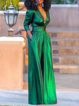 Fernanda pleated formal jumpsuit in green, front view
