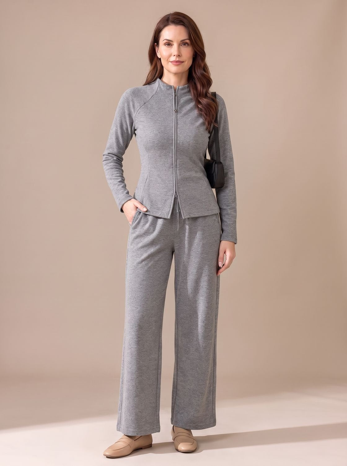 Zip-front knit set in gray