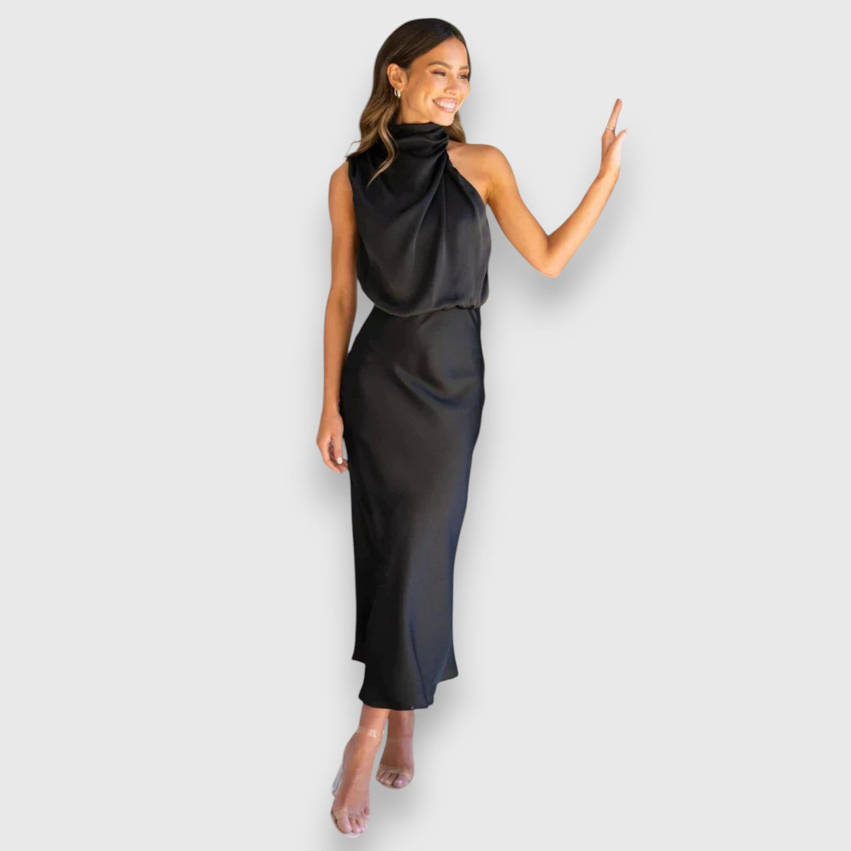 Women's Jolene halter wedding guest midi dress in Black