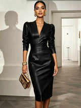 Mercedes puff sleeve midi cocktail dress in black, front view