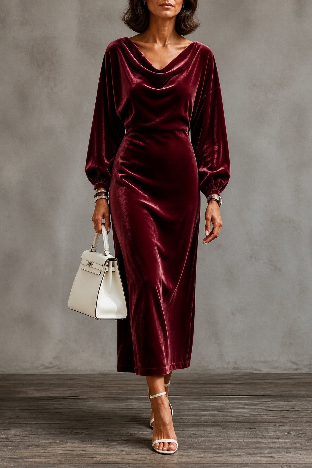 Holiday party midi dress in burgundy