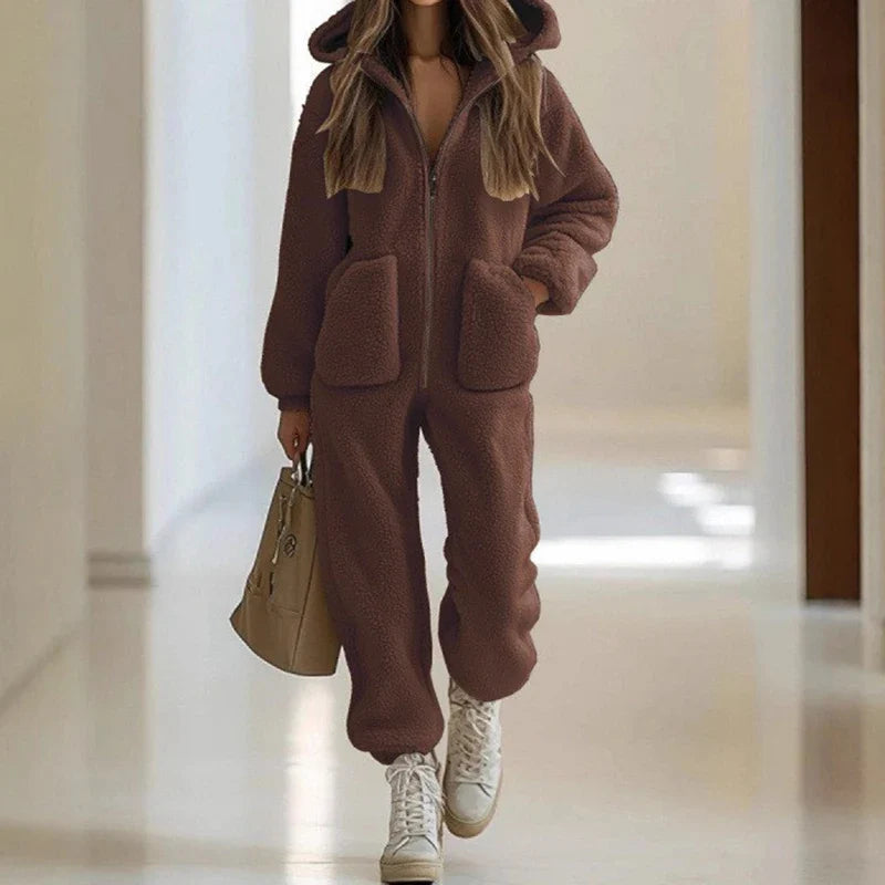 Hooded zip-up jumpsuit in brown