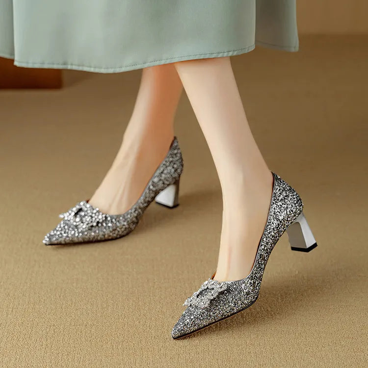 Metallic mid heel pumps in silver