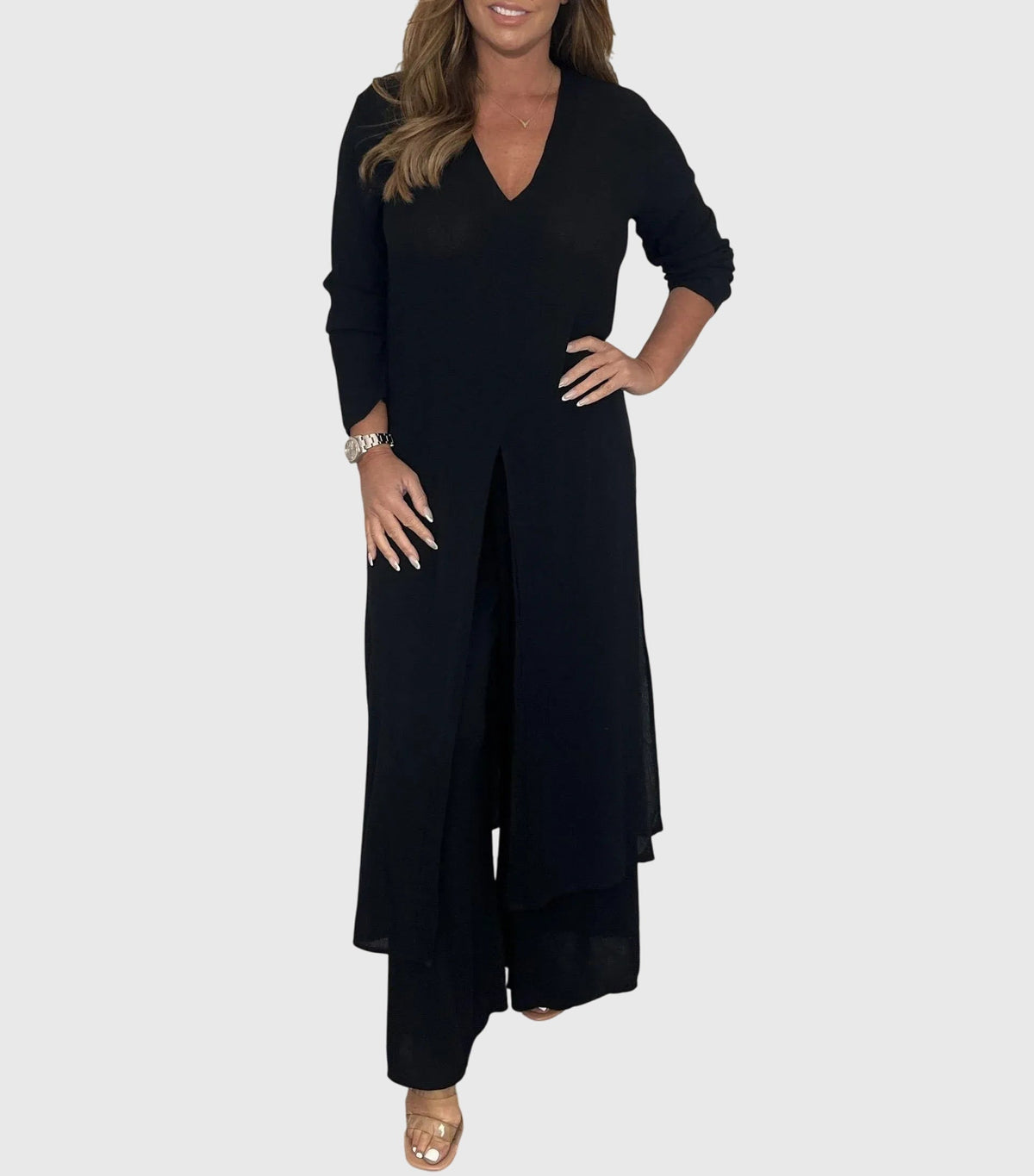 Marisela | V Neck Blouse & Wide Leg Pants Set