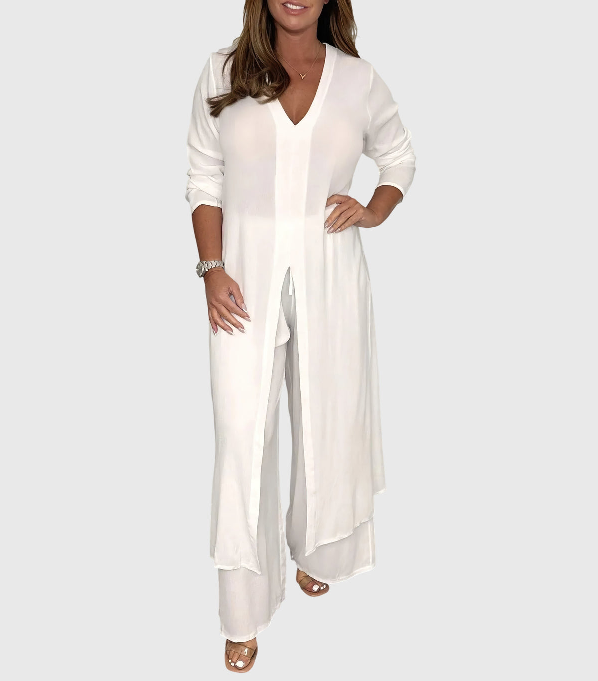 Marisela | V Neck Blouse & Wide Leg Pants Set