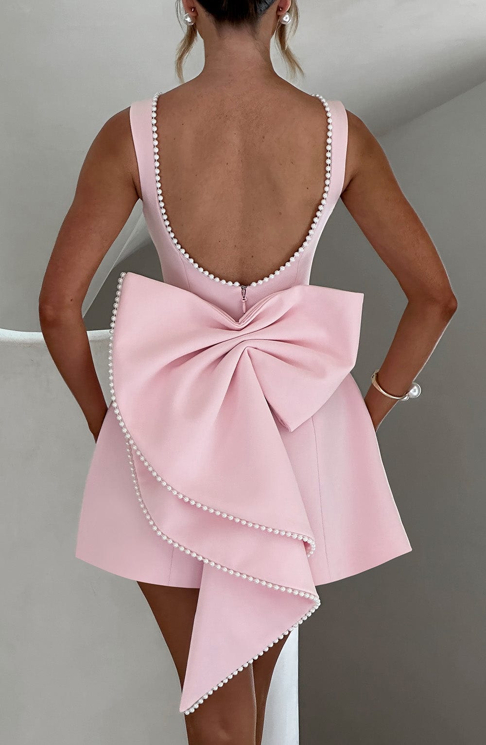 Linnea | Pearl-Trim Bow-Back Mini Dress