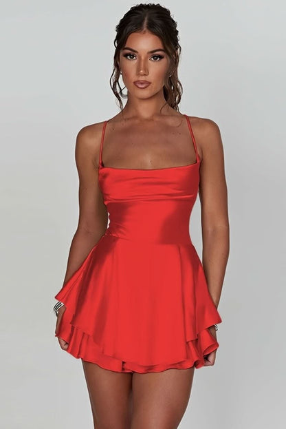 Roosa | Satin Square-Neck Ruffle Mini Cocktail Dress