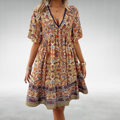 Mabel | Boho Printed V Neck Mini Dress