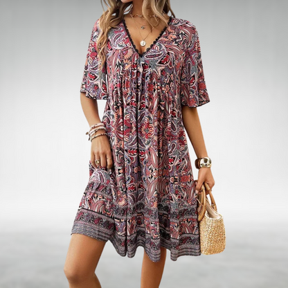 Mabel | Boho Printed V Neck Mini Dress