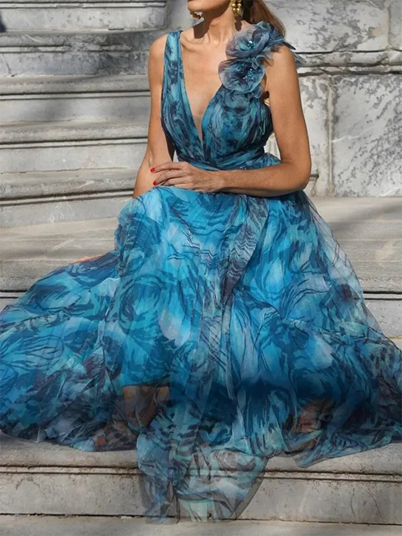 Kamila | Peacock Blue Tulle Maxi Dress