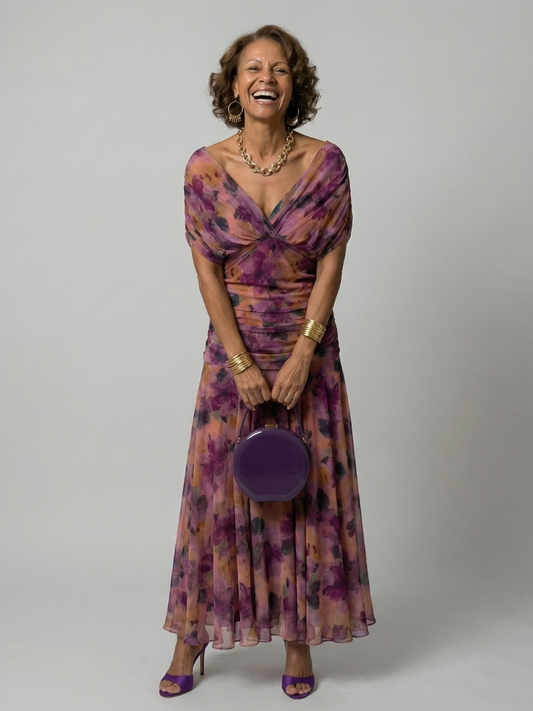 Alba off-shoulder flowy midi dress, front view