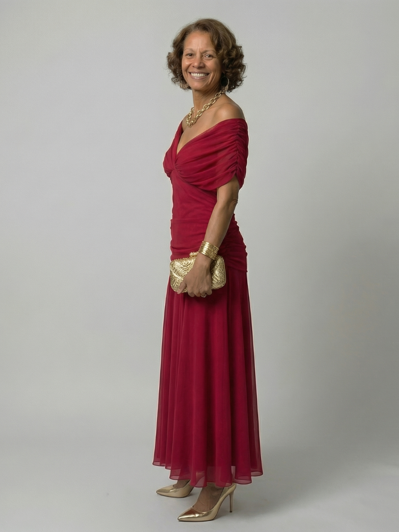 Off-shoulder flowy midi dress, angled back view