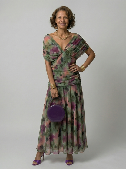 Off-shoulder flowy midi dress, styled view
