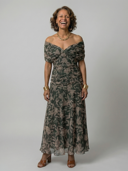 Off-shoulder flowy midi dress, full length view
