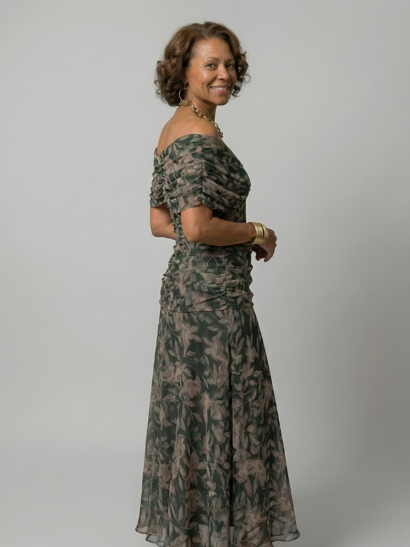 Off-shoulder flowy midi dress, color variant