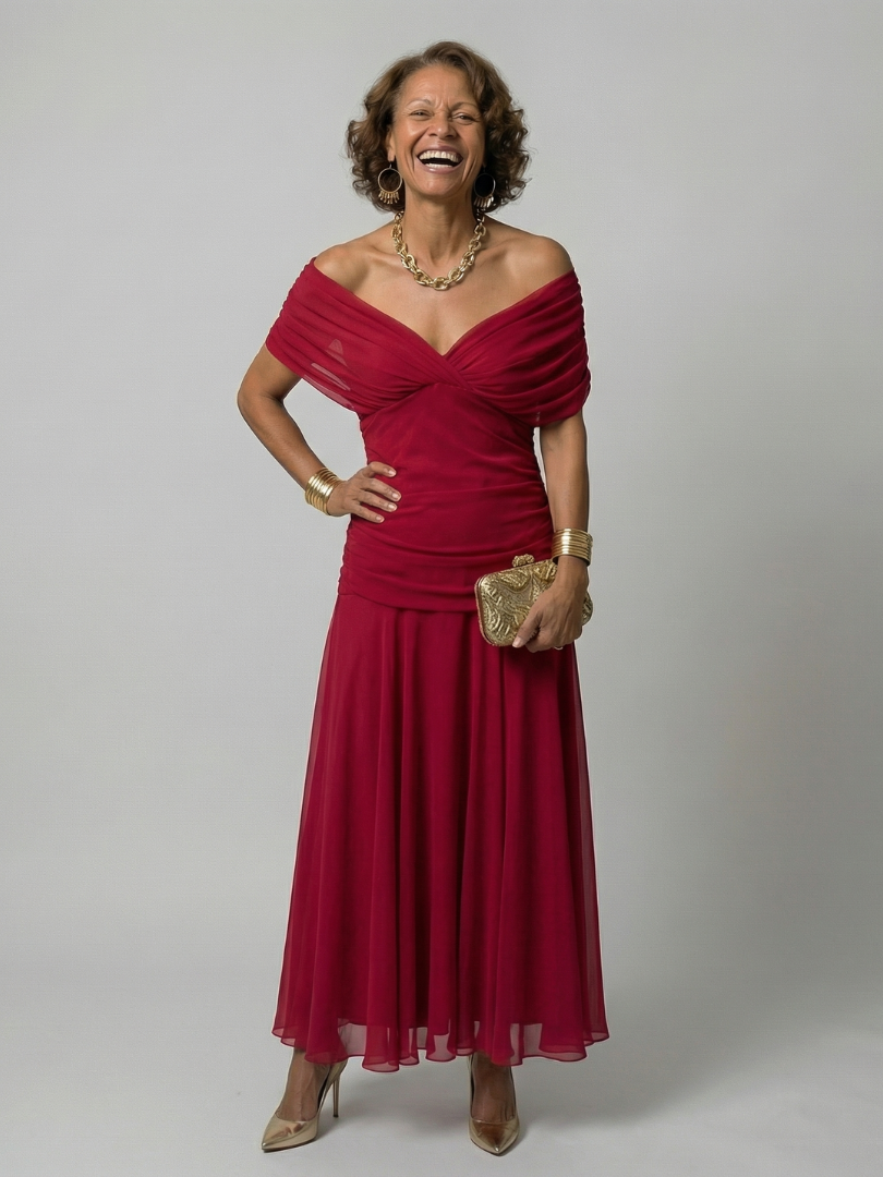 Off-shoulder flowy midi dress, angled front view