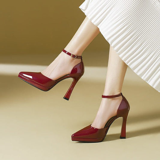 Barbara ankle strap block heel pumps in red, front view