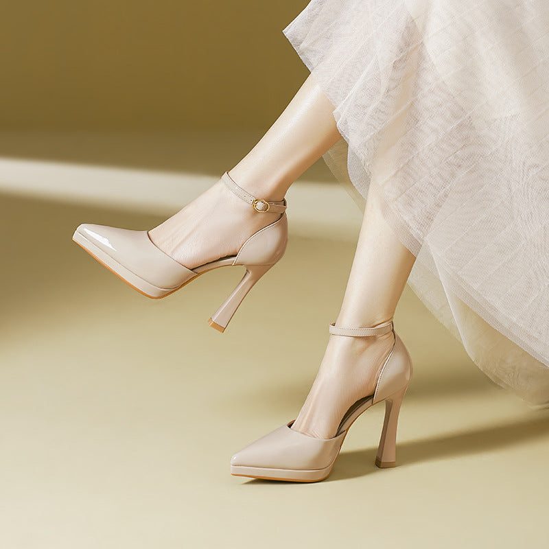 Ankle strap block heel pumps in beige
