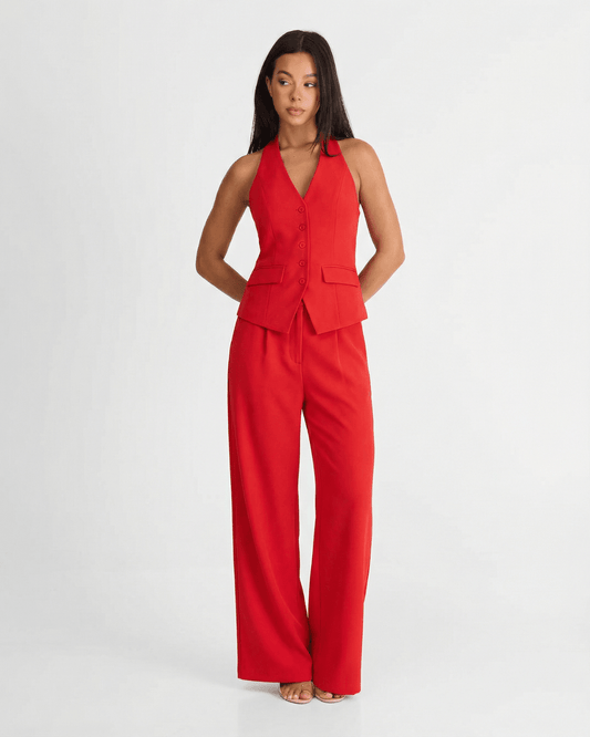 Bridget halter vest pant suit in red, front view