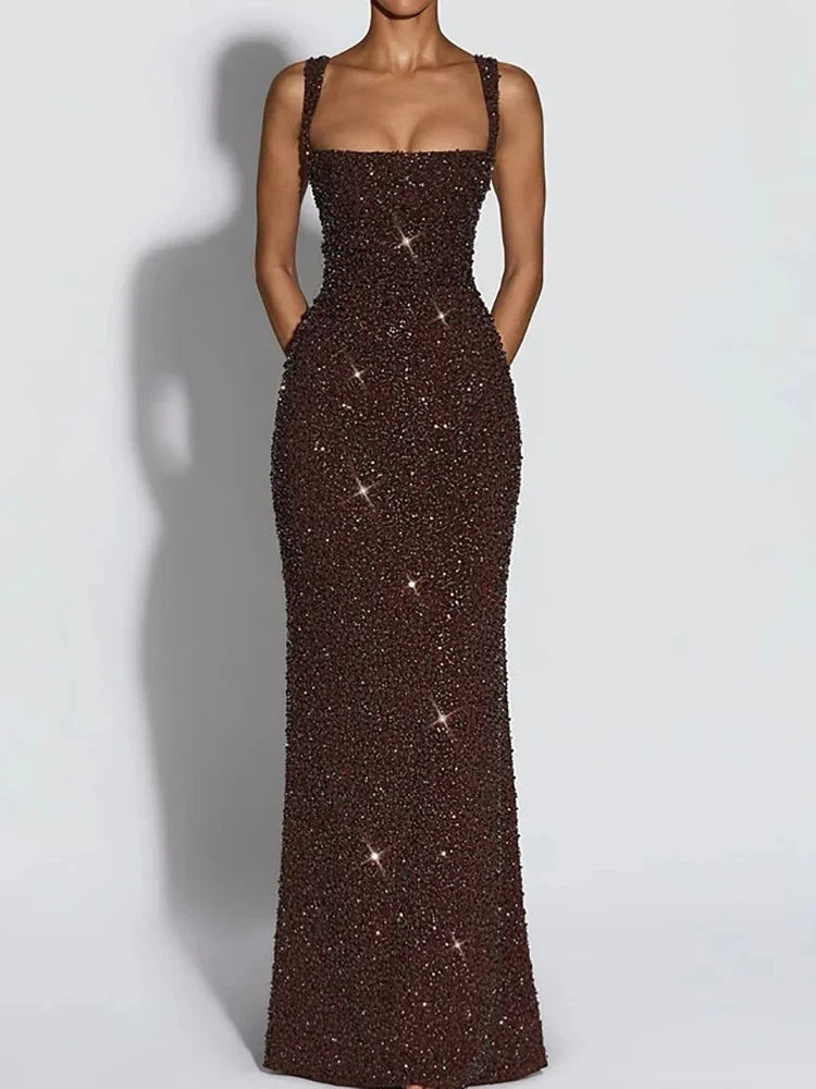 Sequin square neck evening gown, side view