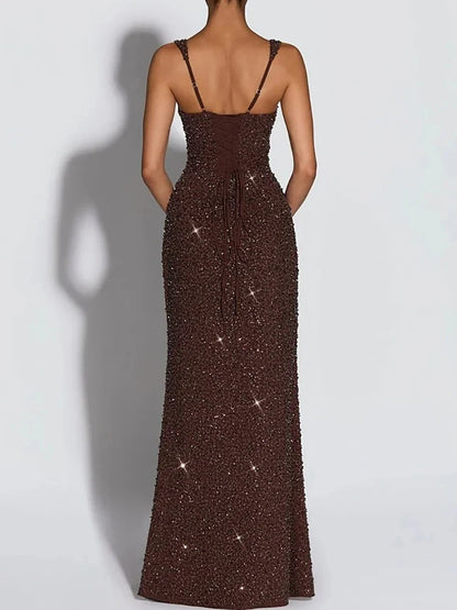Sequin square neck evening gown, back view