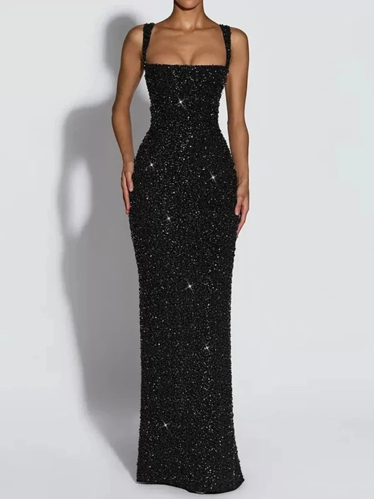 Sequin square neck evening gown, close-up of the neckline