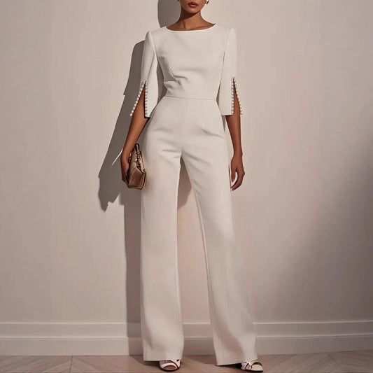 Christabel pearl trim wide-leg jumpsuit, front view