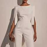 Christabel pearl trim wide-leg jumpsuit, front view