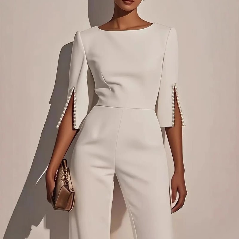 Pearl trim wide-leg jumpsuit in white