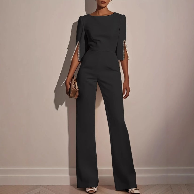Pearl trim wide-leg jumpsuit, view 3