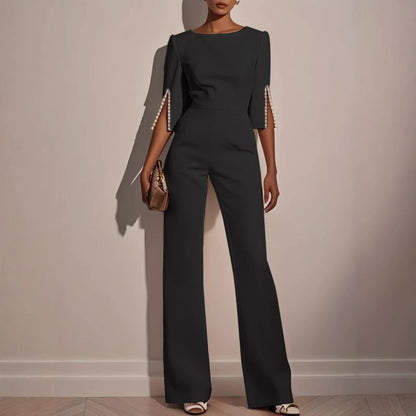 Pearl trim wide-leg jumpsuit, view 3