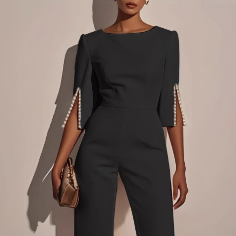 Pearl trim wide-leg jumpsuit in black