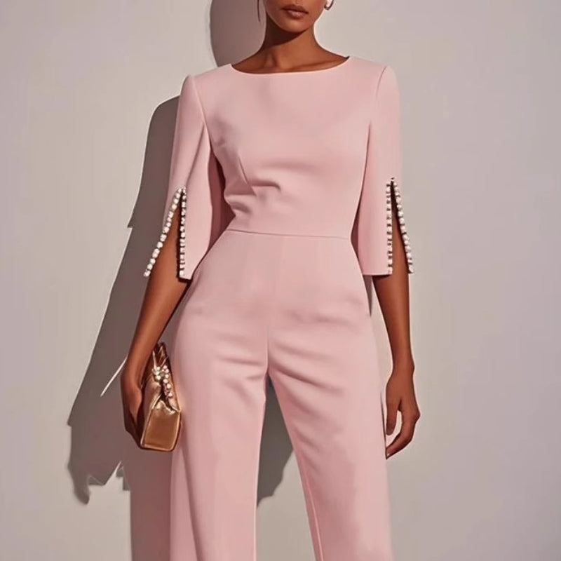 Pearl trim wide-leg jumpsuit in pink