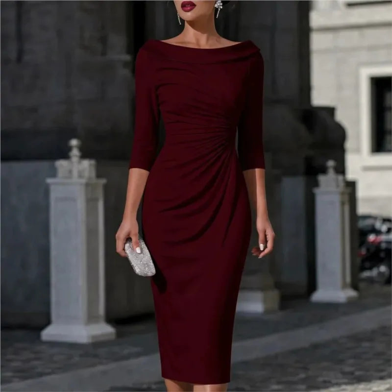 Knee length cocktail dress in burgundy