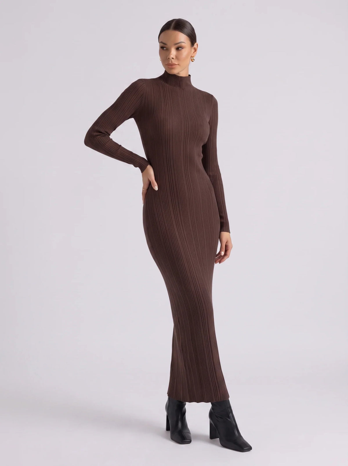 Mock neck sweater maxi dress, back view