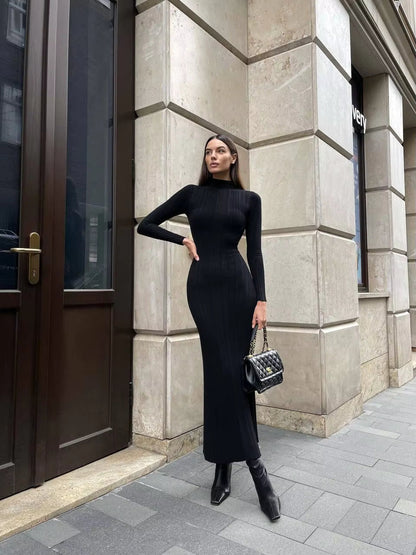 Mock neck sweater maxi dress, close-up of the neckline