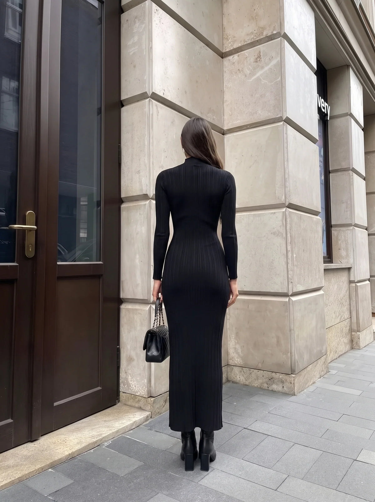 Mock neck sweater maxi dress, angled front view