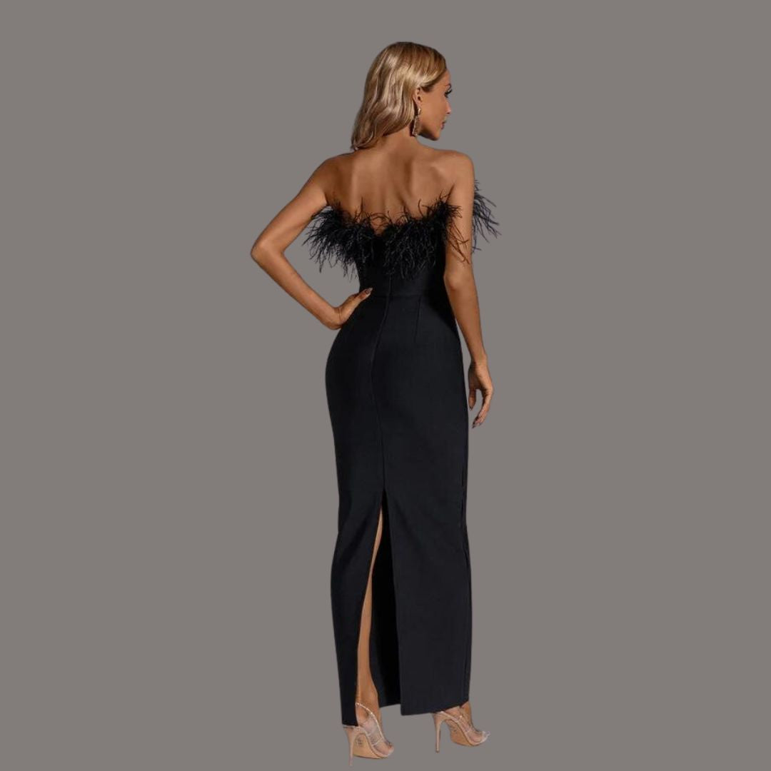 Strapless feather trim maxi dress, back view