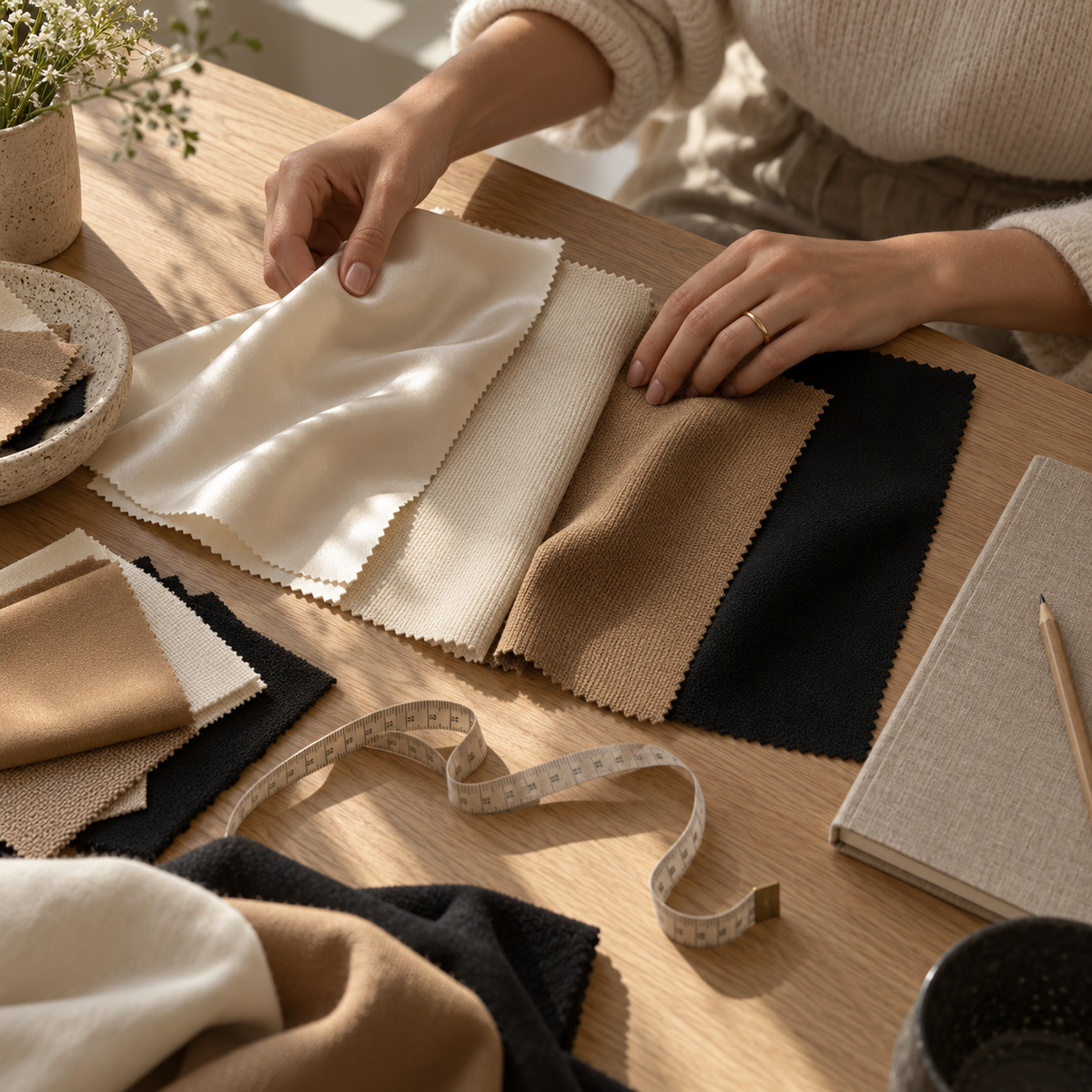 Comparing fabric swatches in satin, knit and crepe