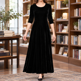 Deborah flared maxi dress with sleeves in black, front view