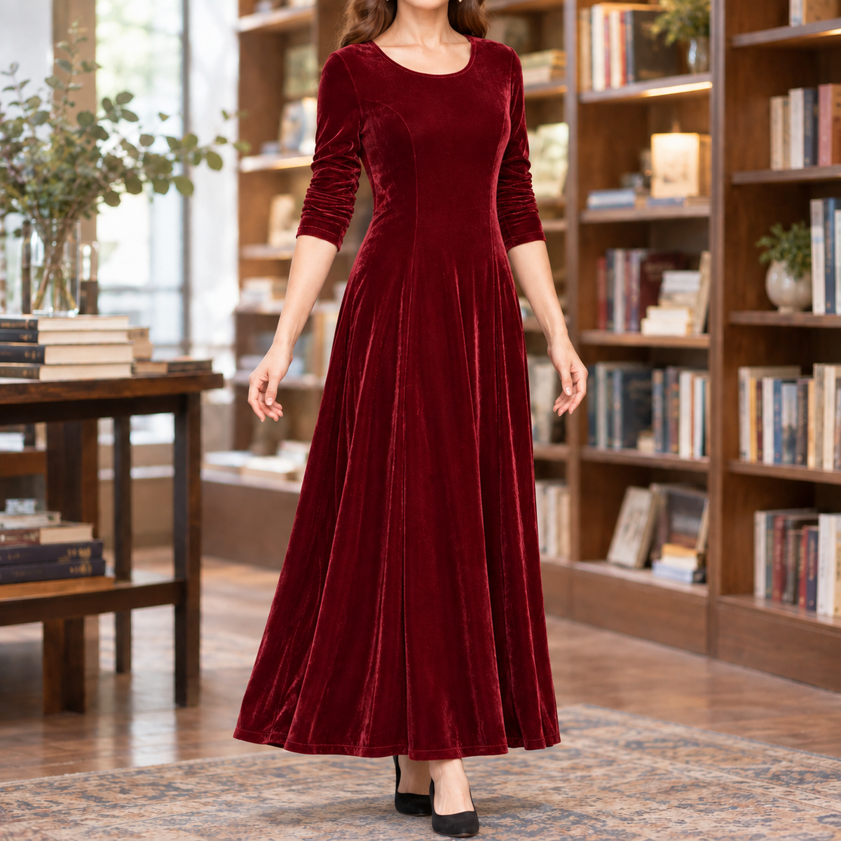 Flared maxi dress with sleeves in wine red