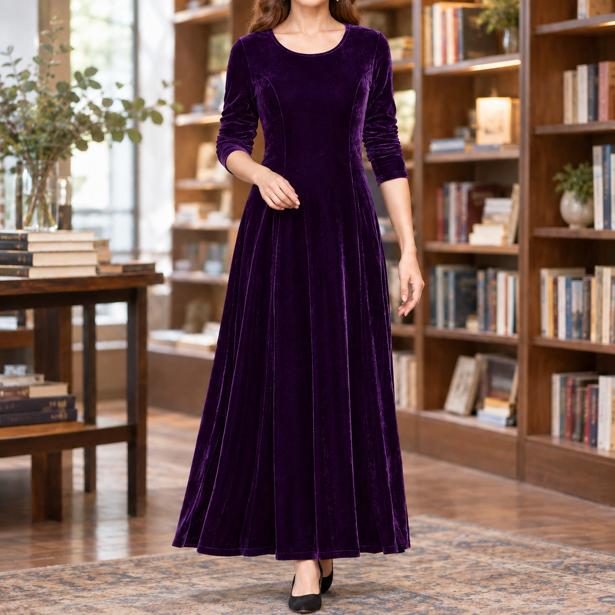 Flared maxi dress with sleeves in purple