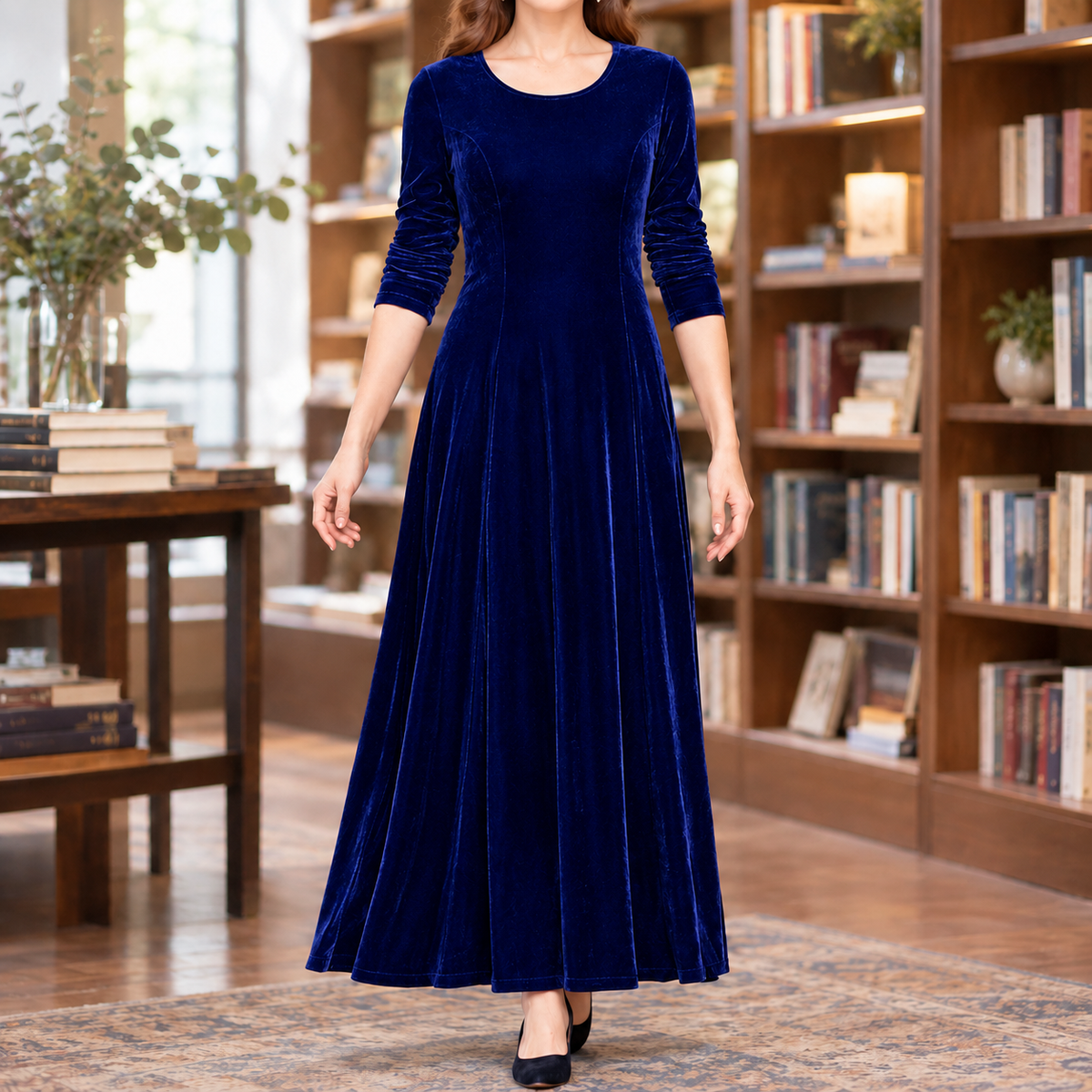 Flared maxi dress with sleeves in navy blue