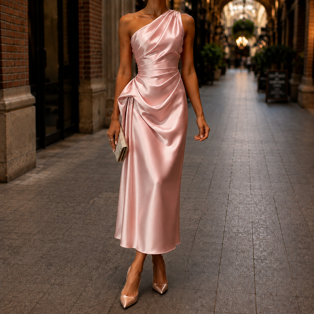 One-shoulder wedding guest dress in blush pink