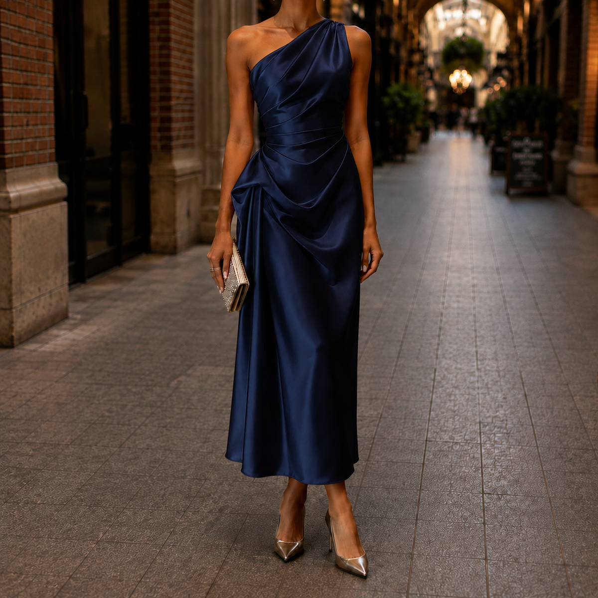 One-shoulder wedding guest dress in midnight navy